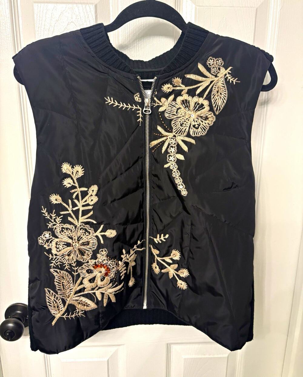 North Style Women's Black Puffer Sweater Zip Vest, Embroidered/Beaded, L